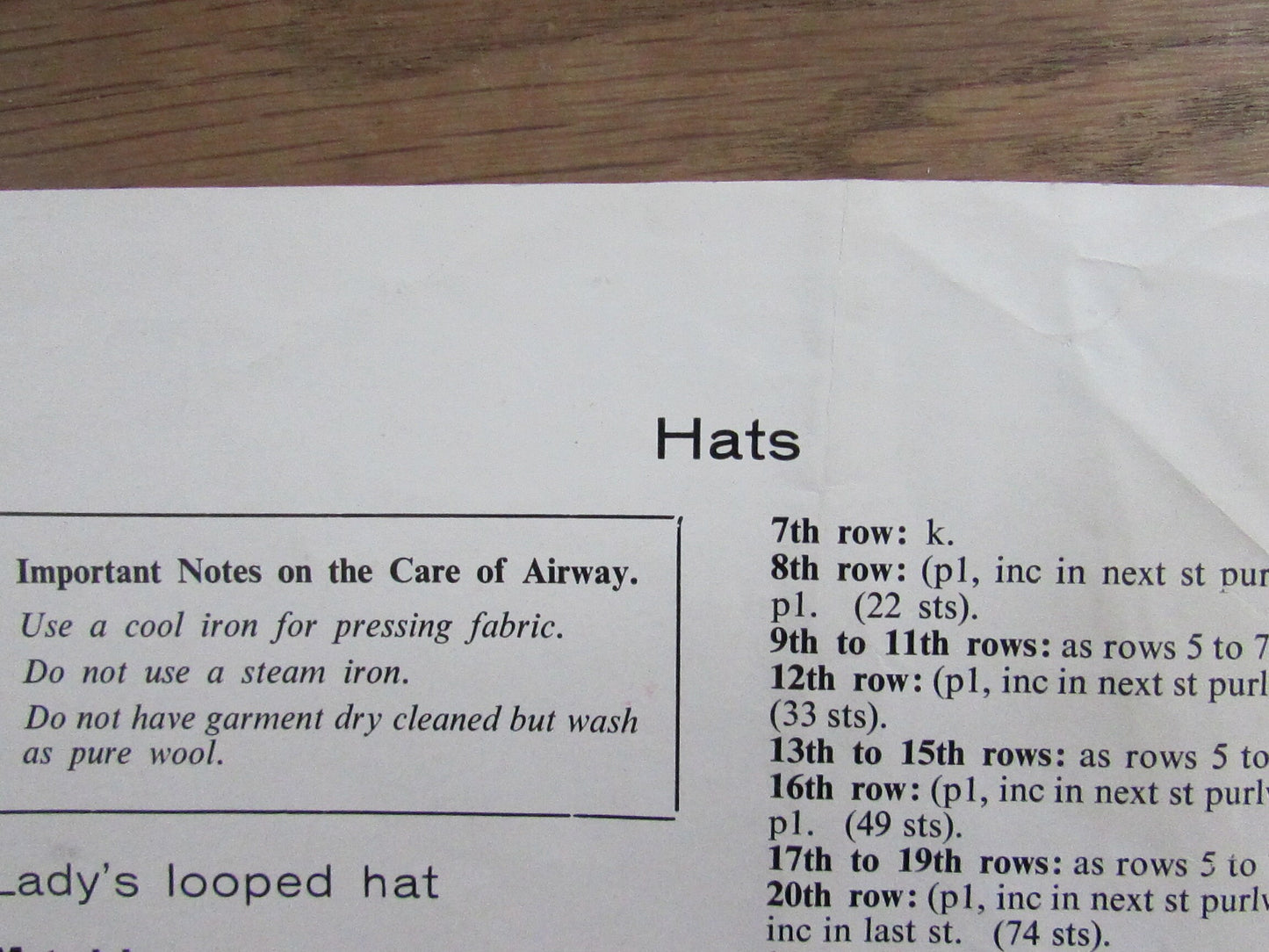 1965 Greenock Airway 899 knitting pattern for hats in various sizes