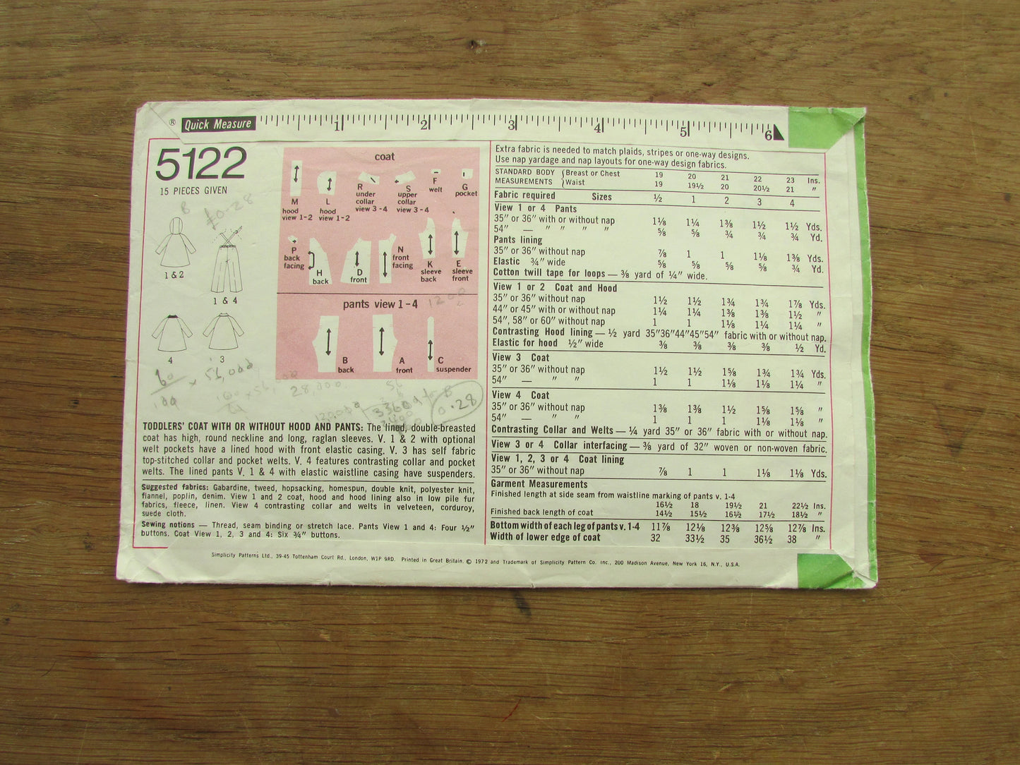 Part cut 1972 Simplicity 5122 sewing pattern for toddler's coat with or without hood & pants, size 1 (complete)