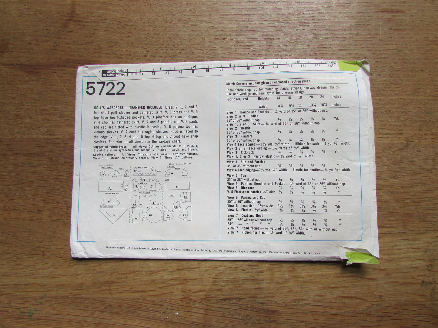 Part cut 1973 Simplicity 5722 sewing pattern for doll's wardrobe, to fit H41cm doll (complete, inc. transfer)