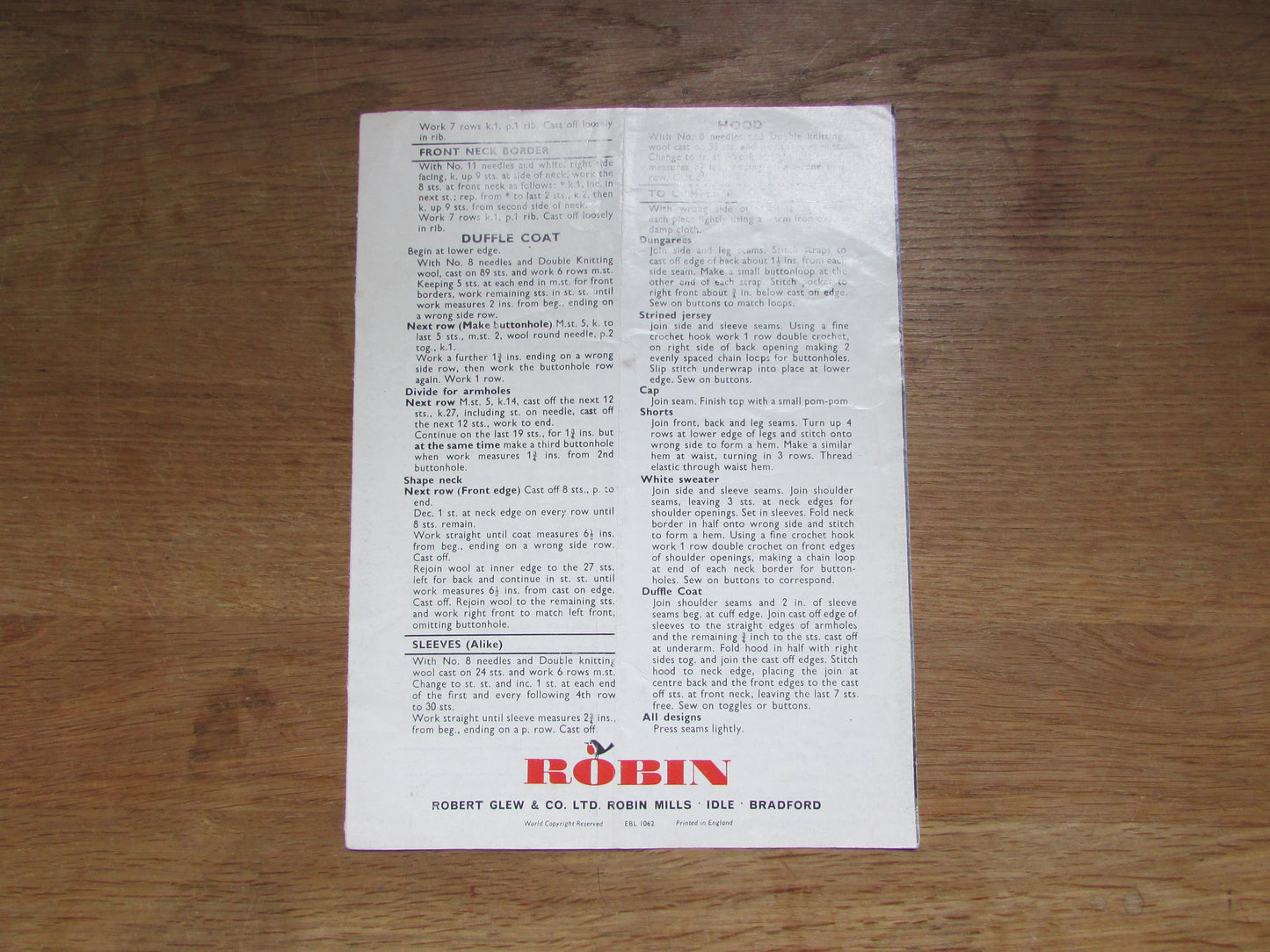 1960s/70s Robin 1175 knitting pattern for three outfits for "Teddy"