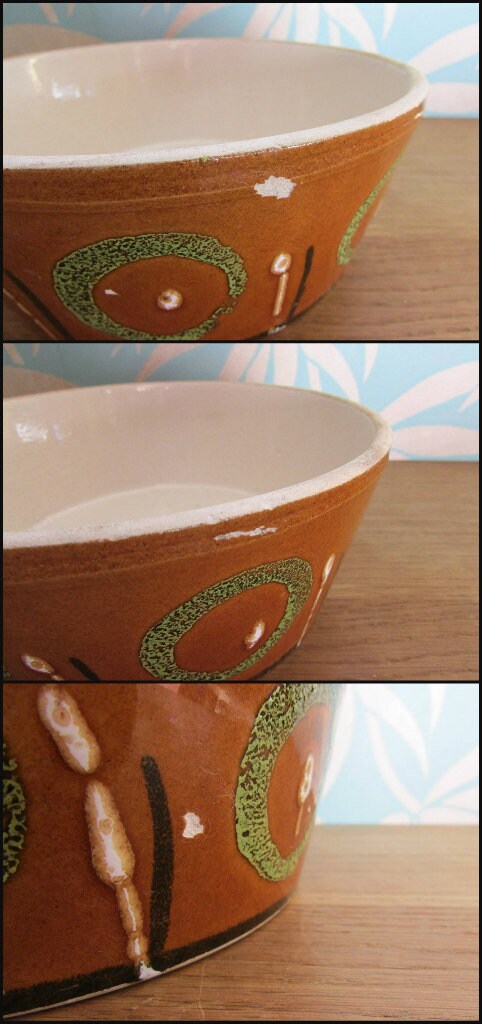 1970s large stoneware pate dish, brown with green circle design