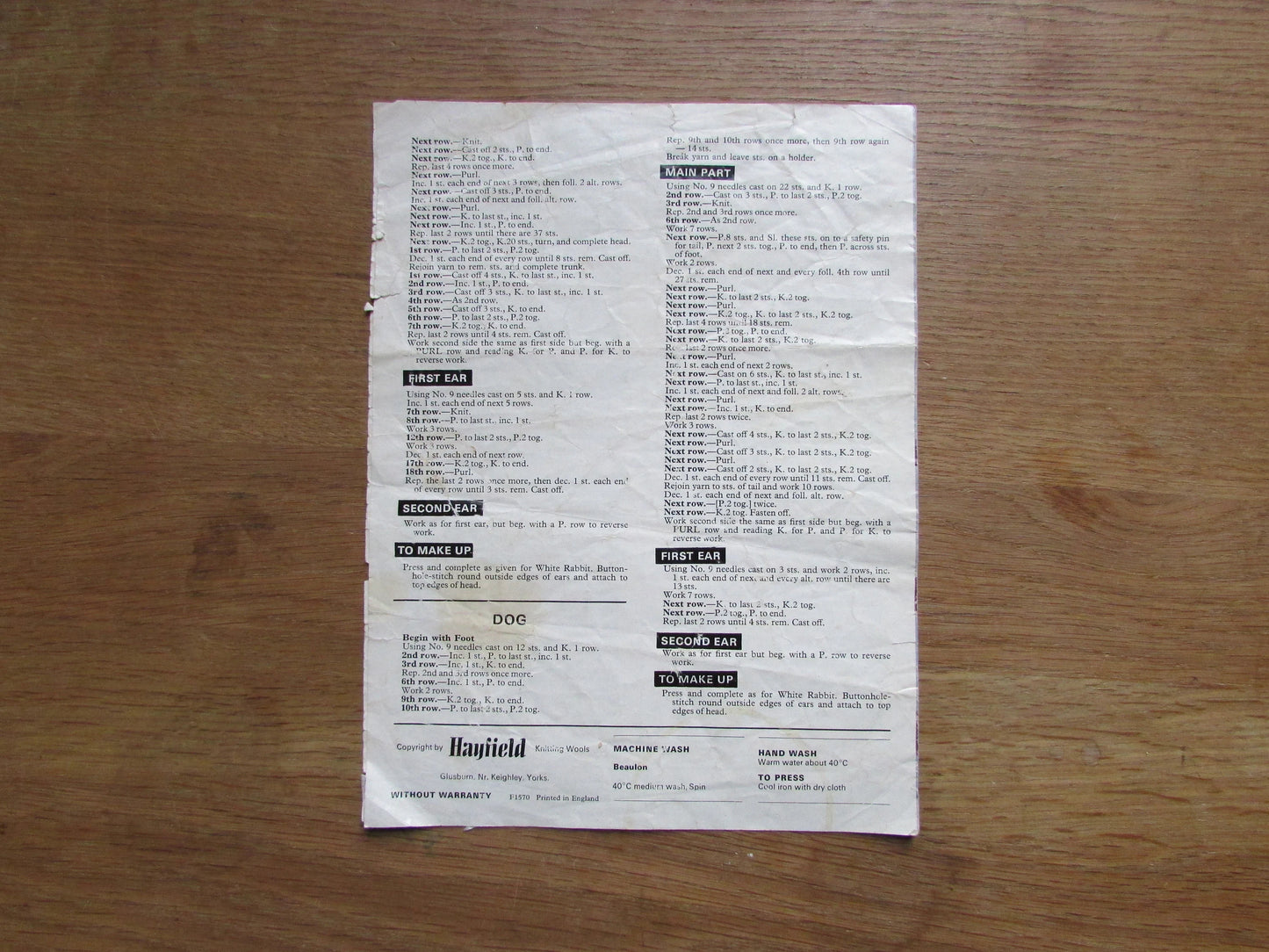 1960s Hayfield 1055 knitting pattern for soft toys - white rabbit, cat, horse, & elephant