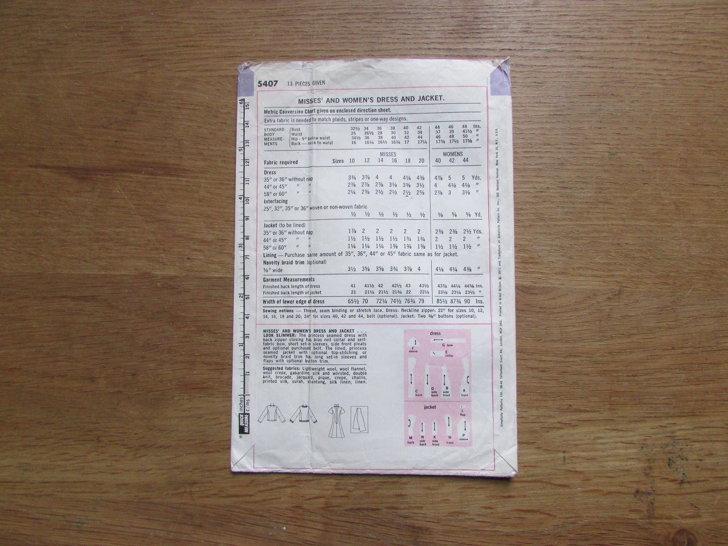 Uncut 1972 Simplicity 5407 sewing pattern for misses' & women's dress and jacket, size 18 (complete)