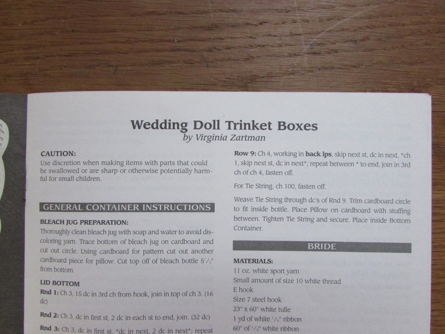 1997 crochet pattern for wedding doll trinket boxes, designed by Virginia Zartman