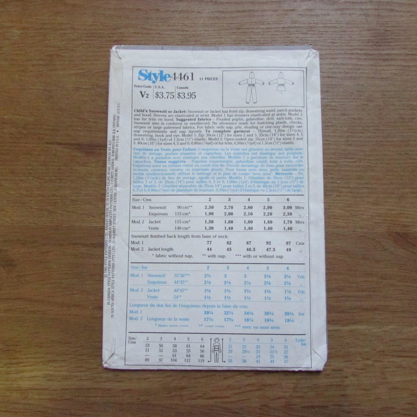 Uncut 1985 Simplicity 4461 sewing pattern for child's snowsuit or jacket, sizes 2+3+4 (complete)