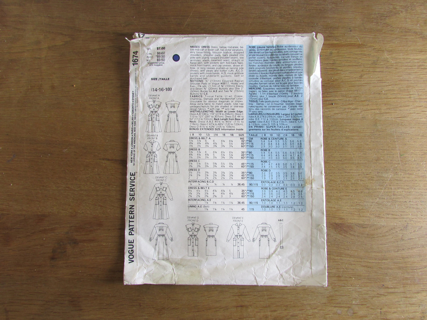 Part cut 1986 Vogue 1674 sewing pattern for misses' dresses, sizes 14 to 18 (part cut to size 18, complete)