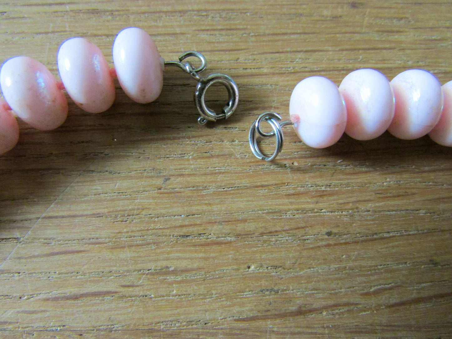 1960s soft pink plastic doughnut bead collar length necklace