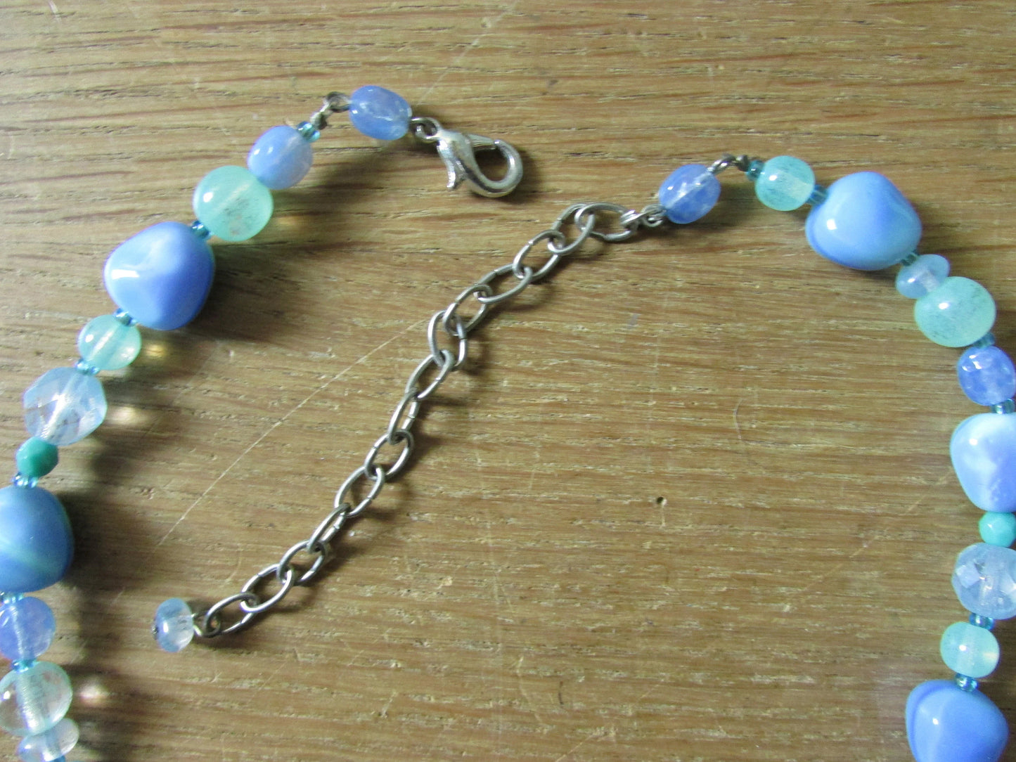 Y2K aqua blue tone glass bead statement necklace with flower bead detail