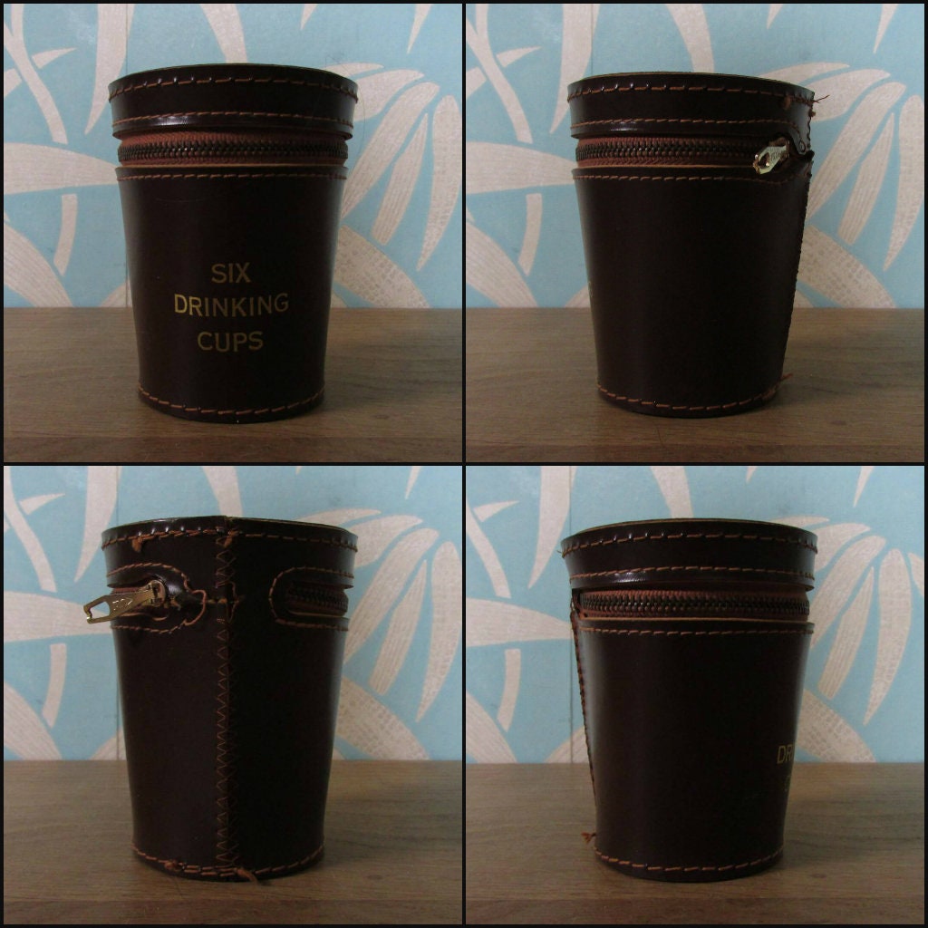 Set of 6 1960s/70s plastic tumblers in leather travel "Six Drinking Cup" case