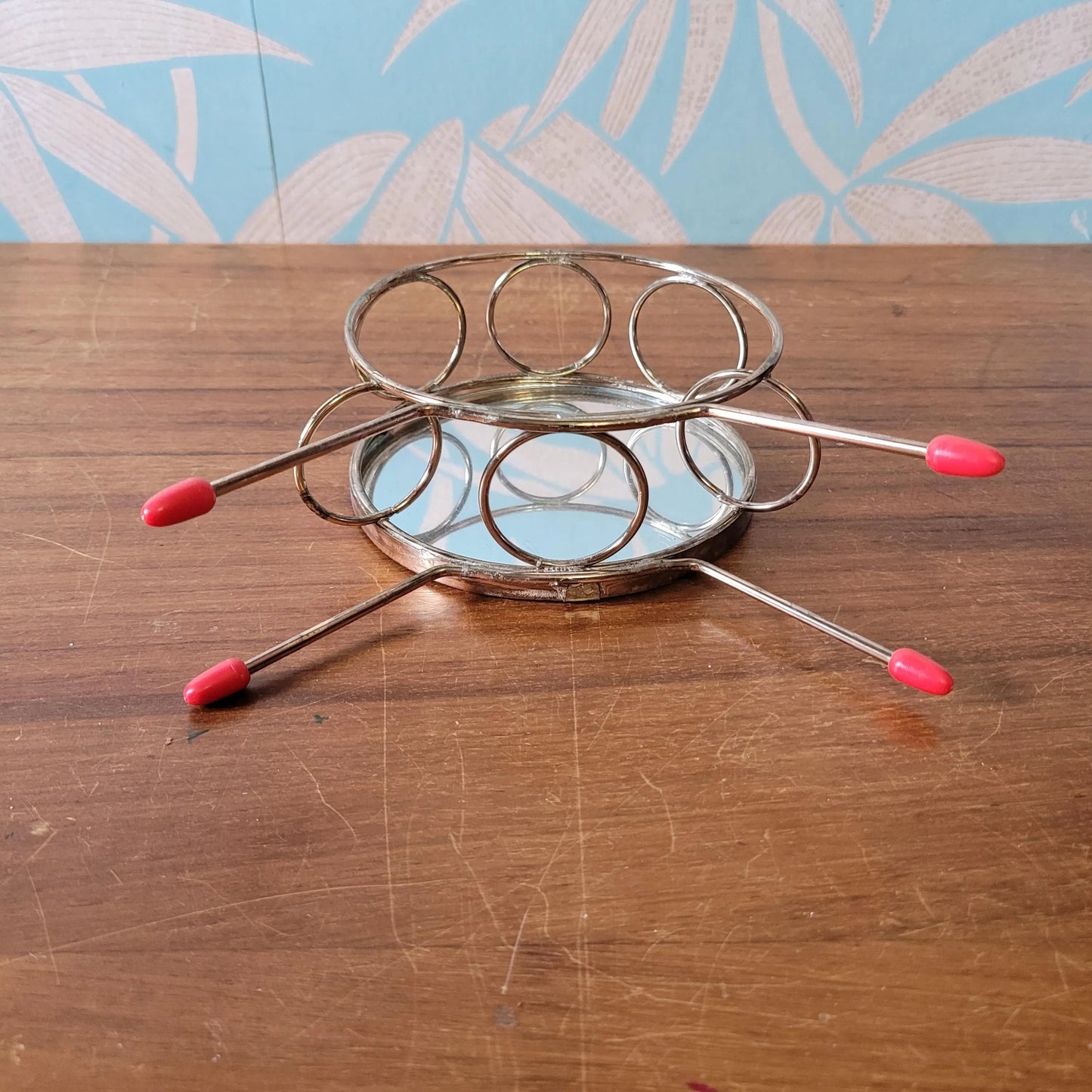 1950s atomic shot glass caddy stand with mirror & red ball feet