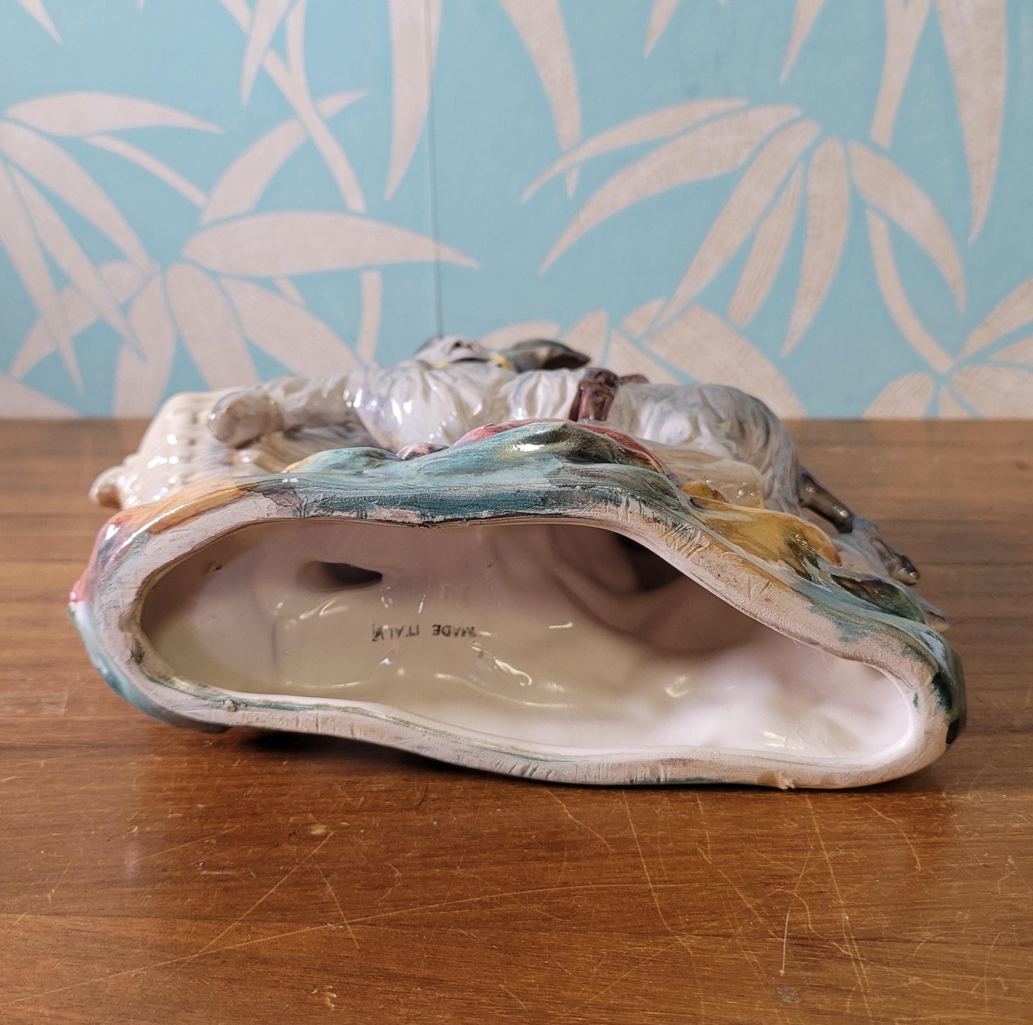 Kitsch mid-century Italian large pearlescent ceramic donkey & cart planter/vase