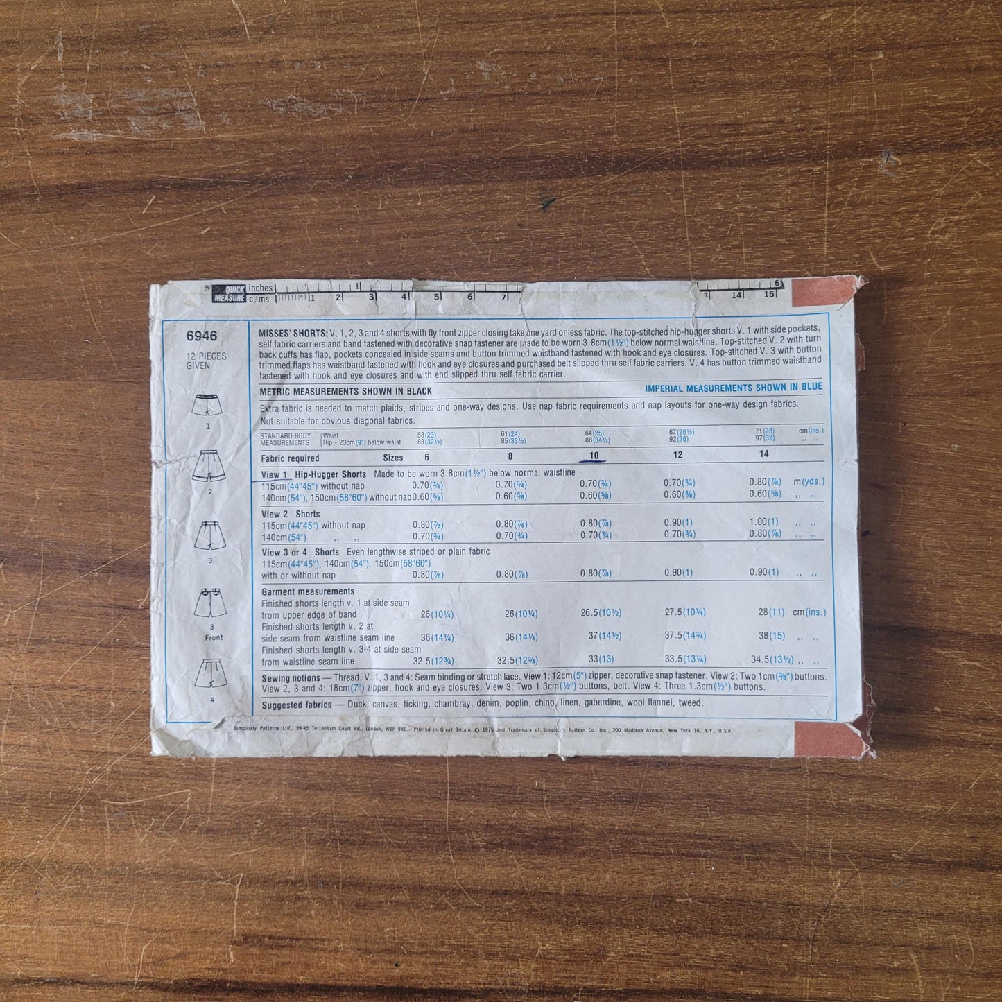 Part cut 1975 Simplicity 6946 sewing pattern for one-metre shorts, size 10 (see description below)