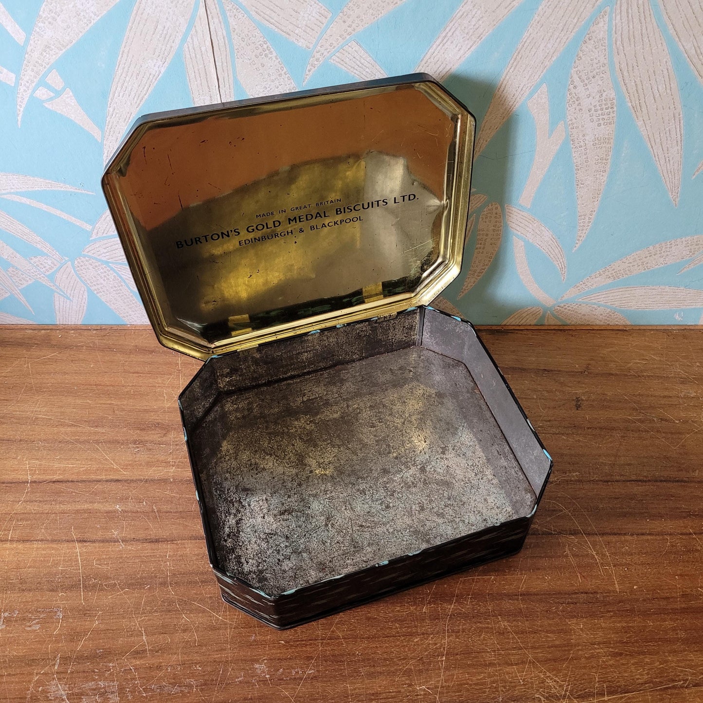 circa. 1950s Burtons Gold tin biscuit box depicting two swans swimming amongst lily pads