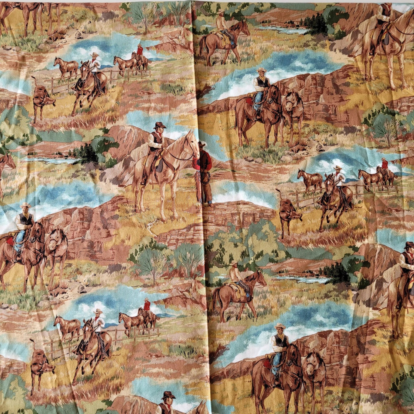 Retro Timeless Treasures 'West' cowboy fabric piece, 42" x 42"