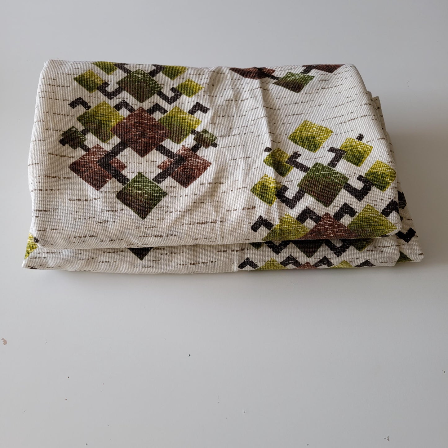 Pair of 1970s geometric abstract print viscose/poly curtains, 40" x 70"