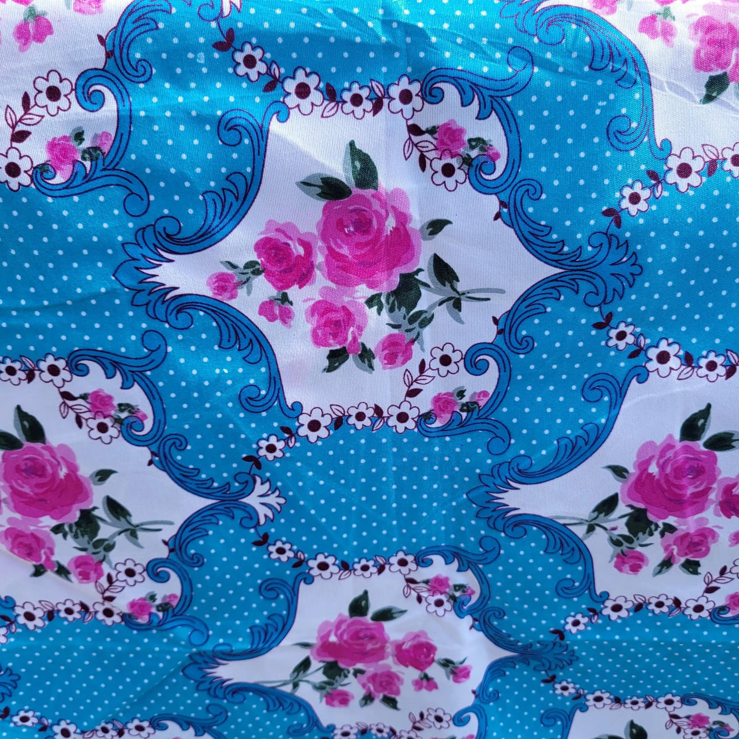 1950s/60s-style blue & pink rose print large fabric piece, 90" x 96"