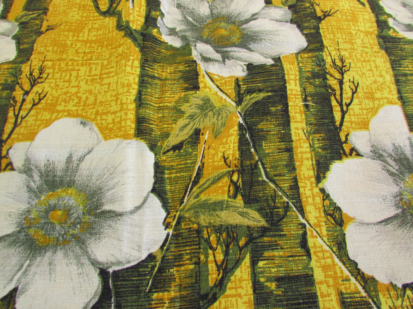 Pair of 1970s white flowers on yellow & black barkcloth curtains, 46" x 64"
