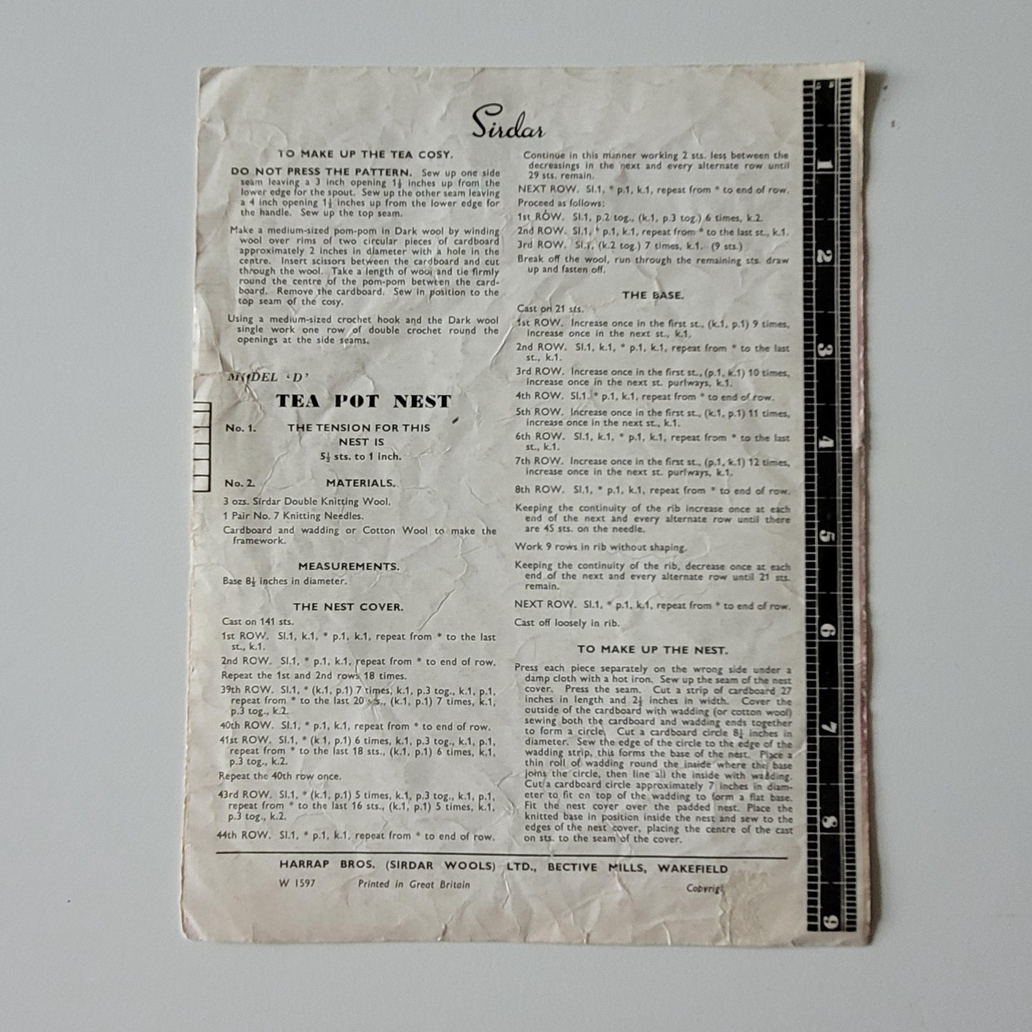 1950s Sirdar 1597 knitting pattern for hot water bottle cover, bedsocks, tea cosy & teapot nest