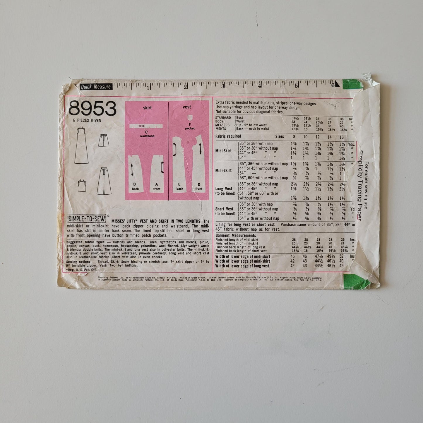 Used 1970 Simplicity 8953 sewing pattern for misses' jiffy vest & skirt in 2 lengths, size 14 (complete)
