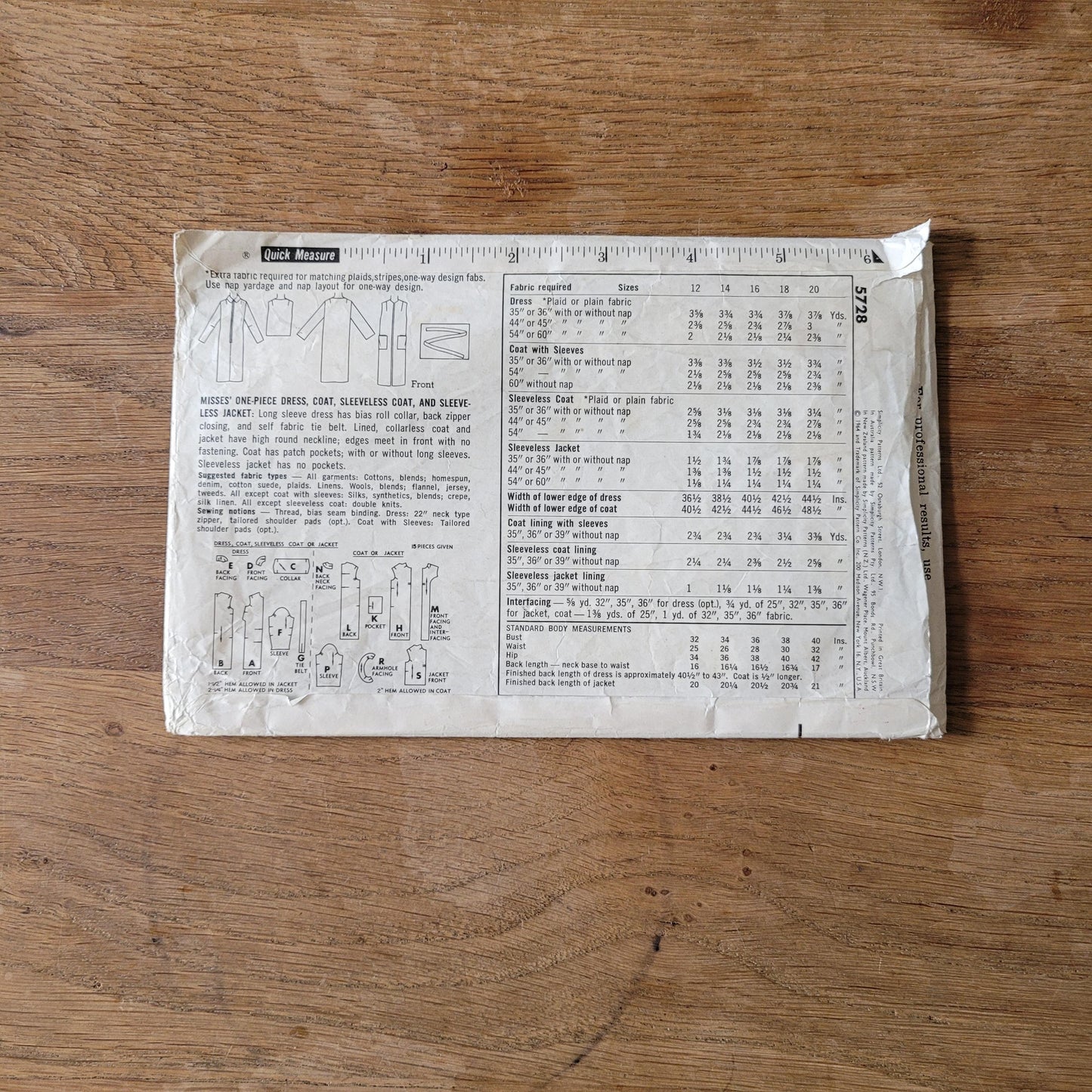 Part cut 1964 Simplicity 5728 sewing pattern for misses' one-piece dress, sleeveless coat, & sleeveless jacket, size 14 (complete)