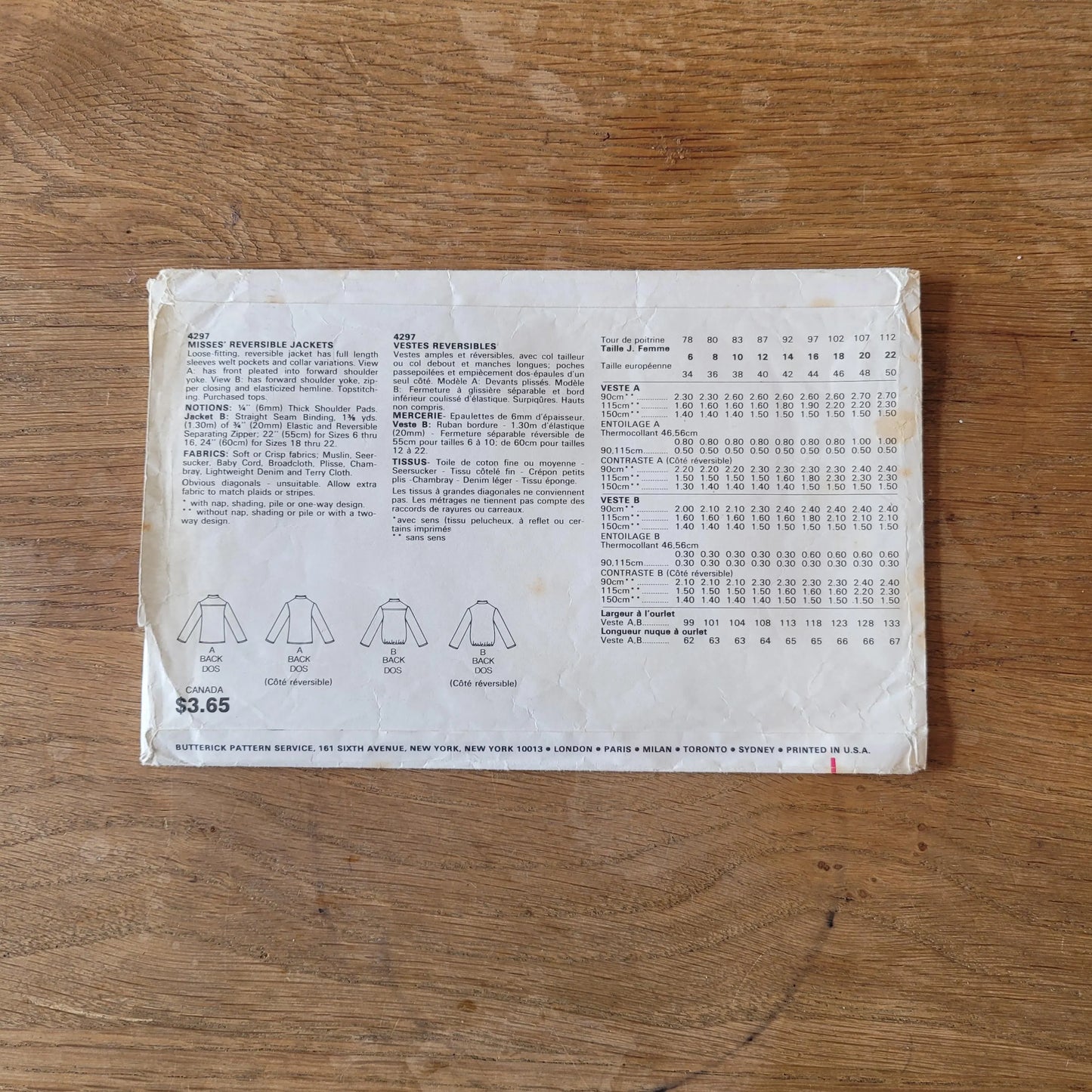 Part cut 1980s Butterick 4297 sewing pattern for misses' reversible jackets, sizes 12 to 16 (complete, *see description below)