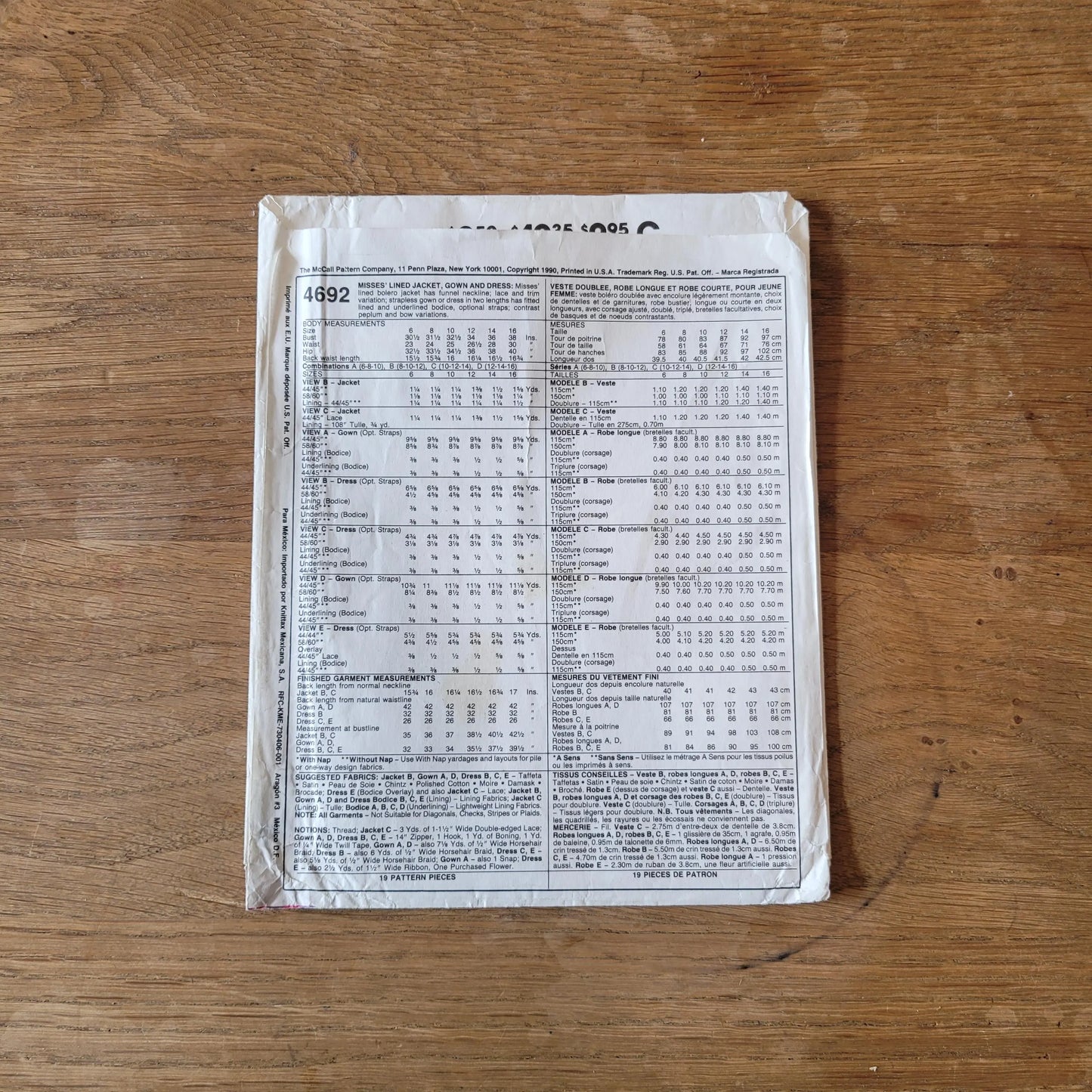 Uncut 1990 McCall's 4692 sewing pattern for misses' lined jacket, gown & dress, sizes 12 to 16 (complete, *see description below)