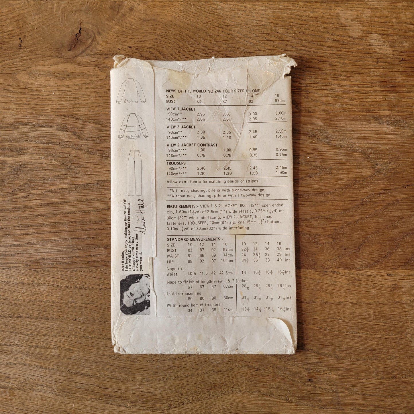 Uncut 1980s News of the World No.246 sewing pattern for jacket & trousers, sizes 10 to 16 (complete)