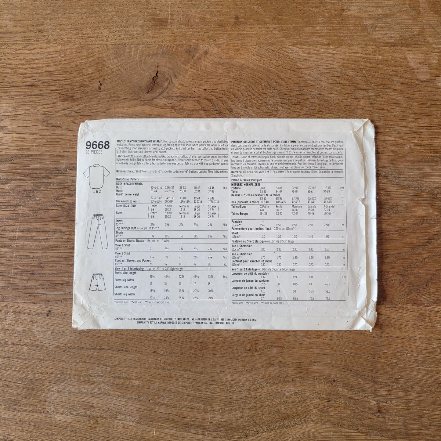 Part cut 1990 Simplicity 9668 sewing pattern for misses' pants or shorts and shirt, all sizes (*cut to size 10/12, see description below)