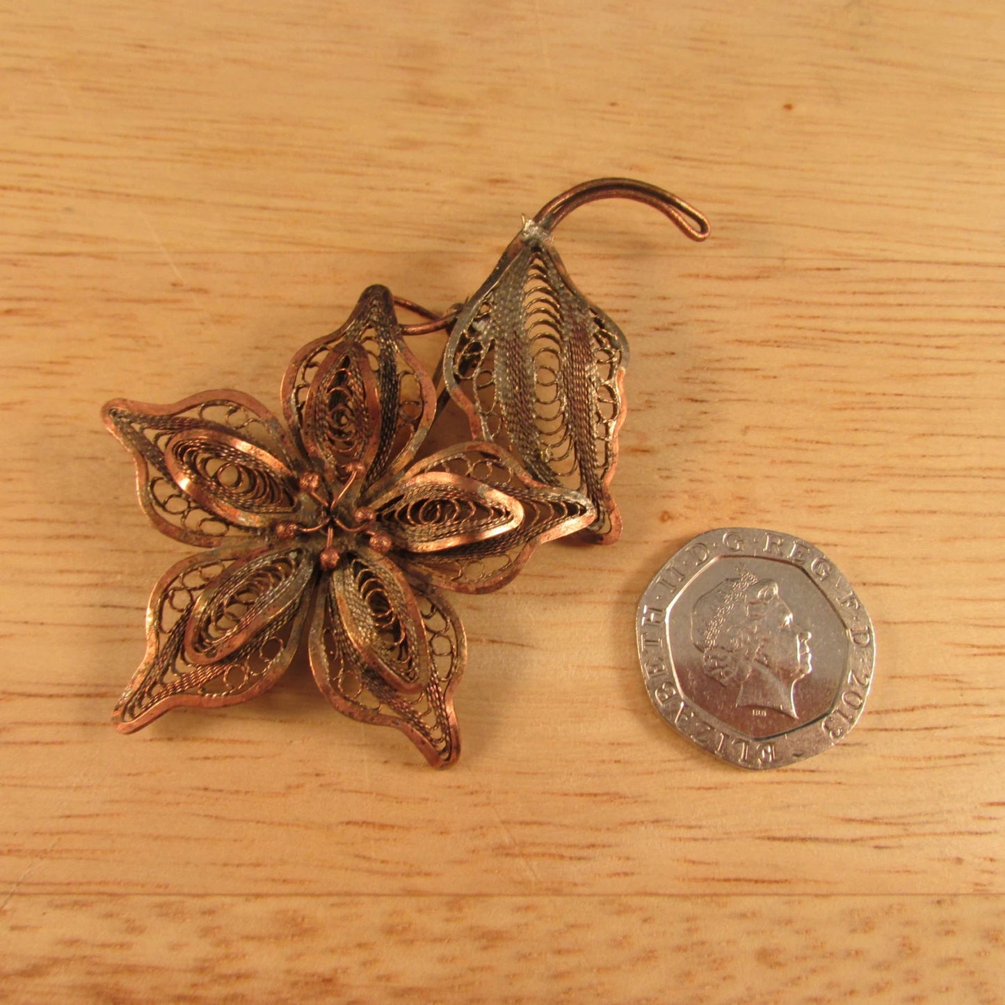 1980s copper effect filigree flower brooch