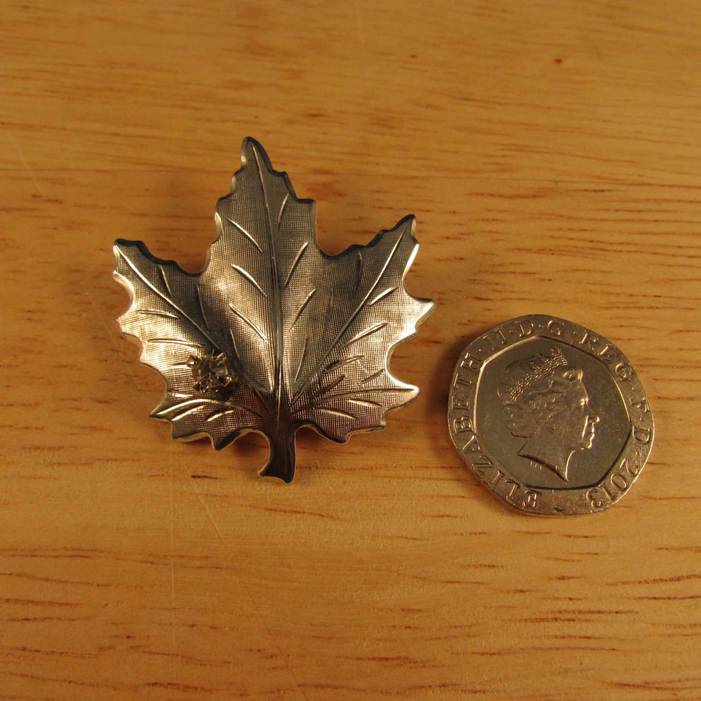 Vintage brushed silver-tone maple leaf brooch with diamanté detail