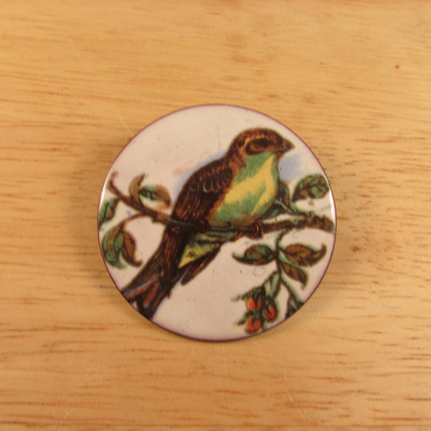 1960s handmade copper & enamel bird on branch motif brooch