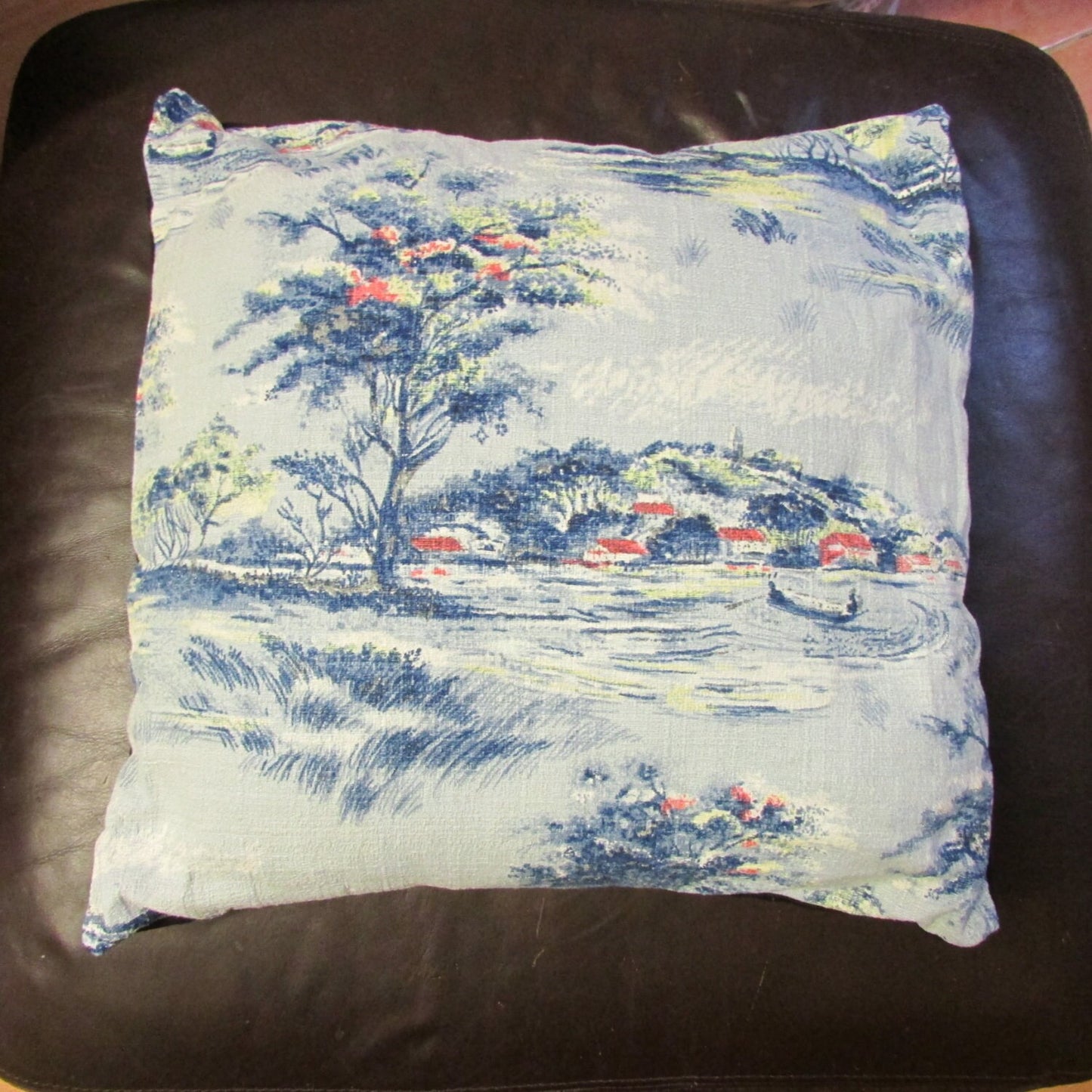 Home-made mid-century blue toile de jouy-style Barkcloth fabric cushion with contrast black reverse