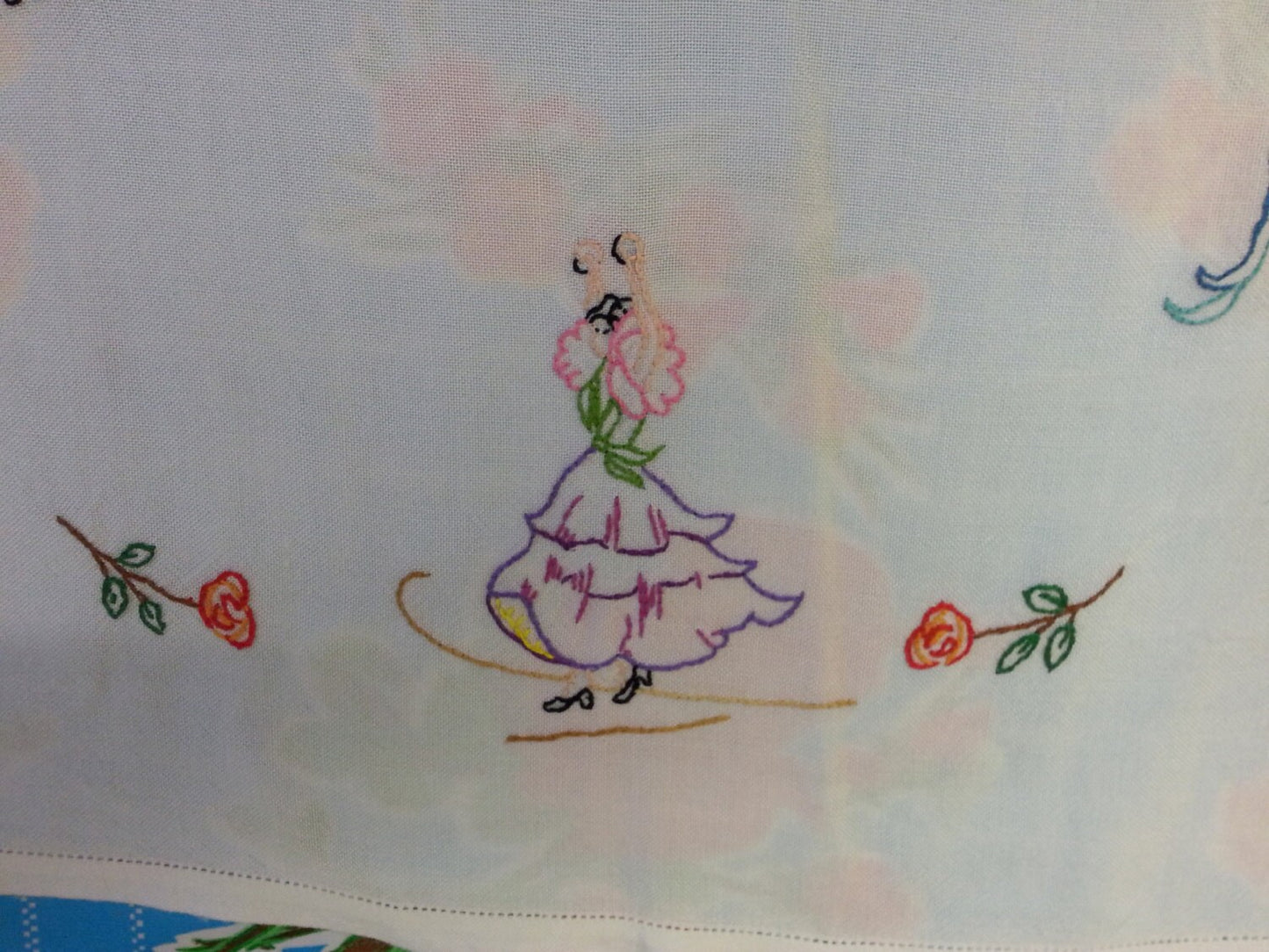 Vintage embroidered Spanish guitar & flamenco dancers tablecloth