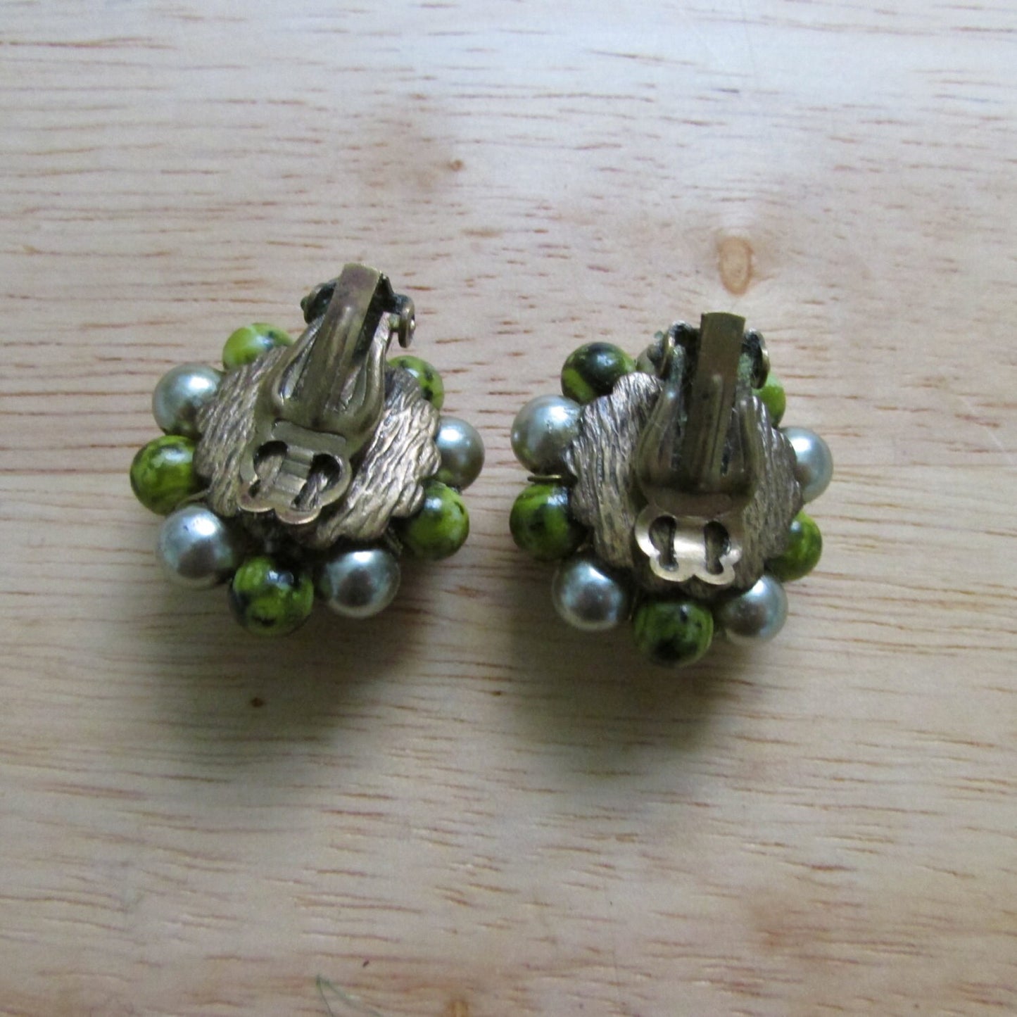 Mid century gold-tone, faux pearl & green glass bead clustered large clip-on earrings