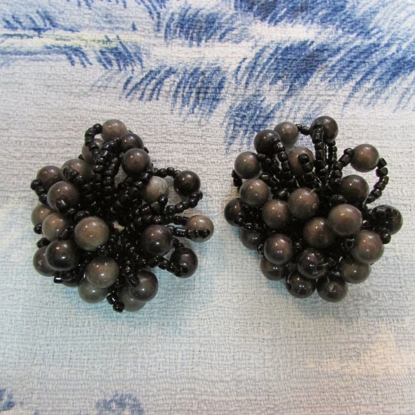 1960s large black & taupe beaded cluster multi-strand clip-on earrings