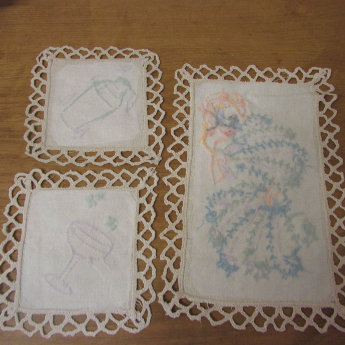 Hand-embroidered vintage dressing table mat trio, cocktail/burlesque inspired, upcycled