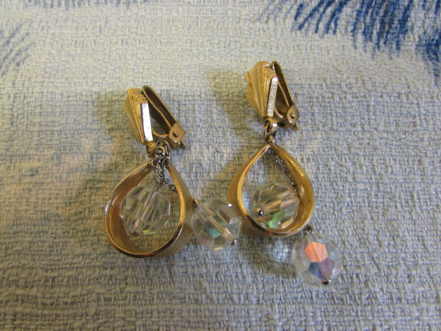 Vintage Art Deco-inspired gold-tone drop clip-on earrings with crystal bead droplets