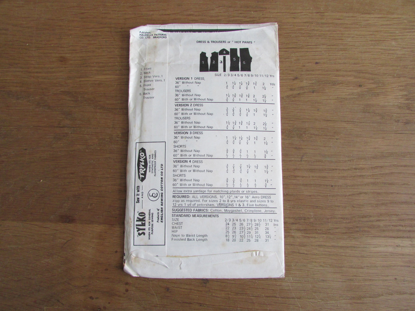 Uncut 1970s Maudella 5711 sewing pattern for child's dress and trousers or "hot pants", age 5 & 6 years (complete)