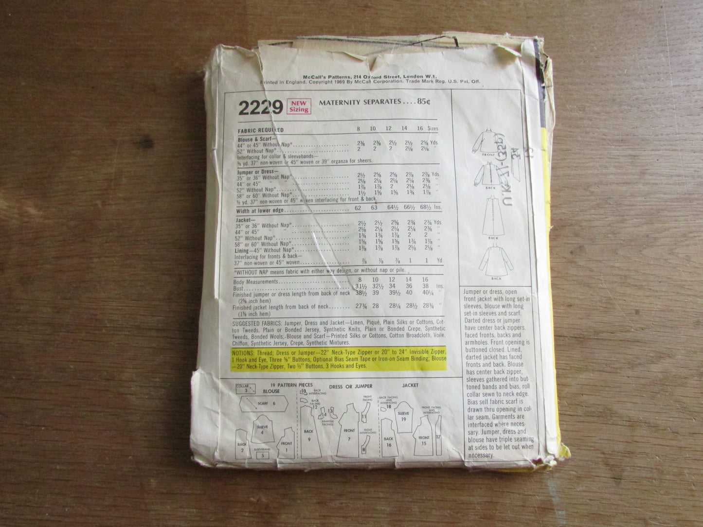 Part cut 1969 McCall's 2229 sewing pattern for maternity separates..., size 12 (complete)