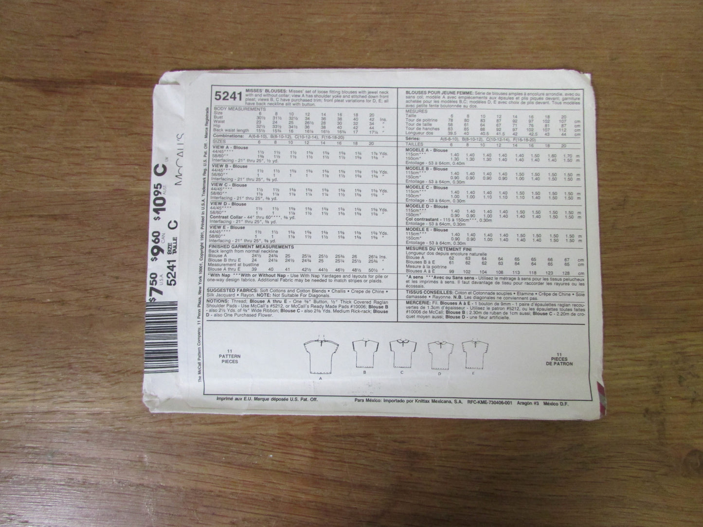 Uncut 1991 McCall's 5241 sewing pattern for misses' loose-fitting blouses, sizes 10-12-14 (complete)