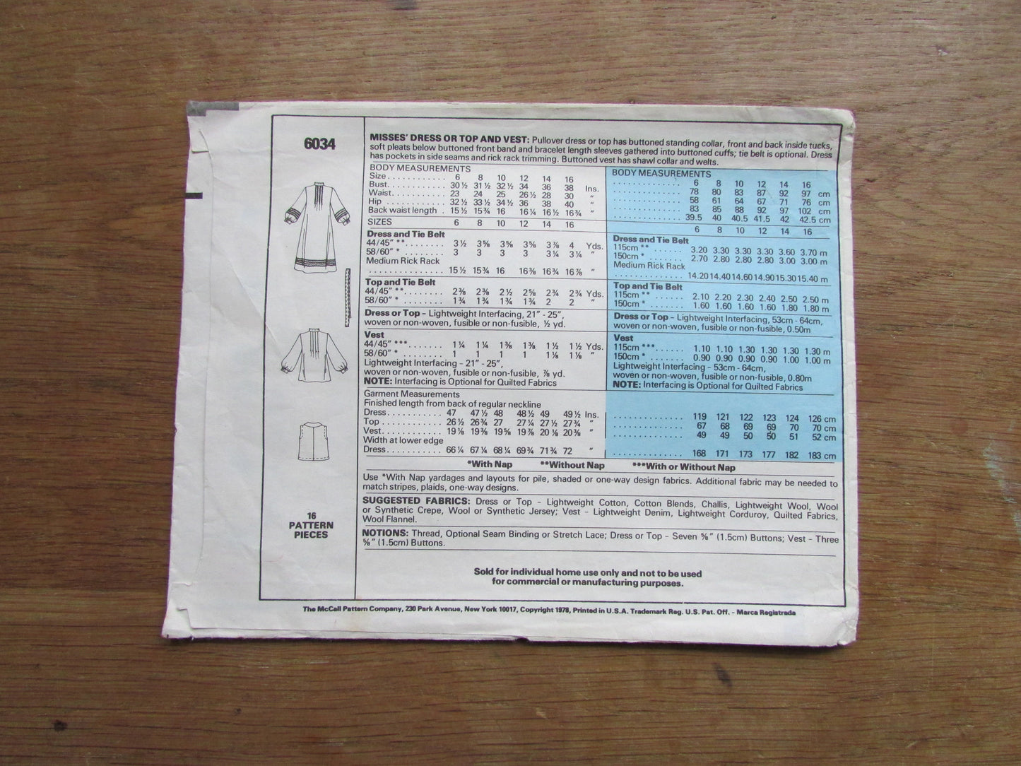 Part cut 1978 McCall's 6034 Annie, Too! sewing pattern for misses' dress or top & vest, size 8 (complete)