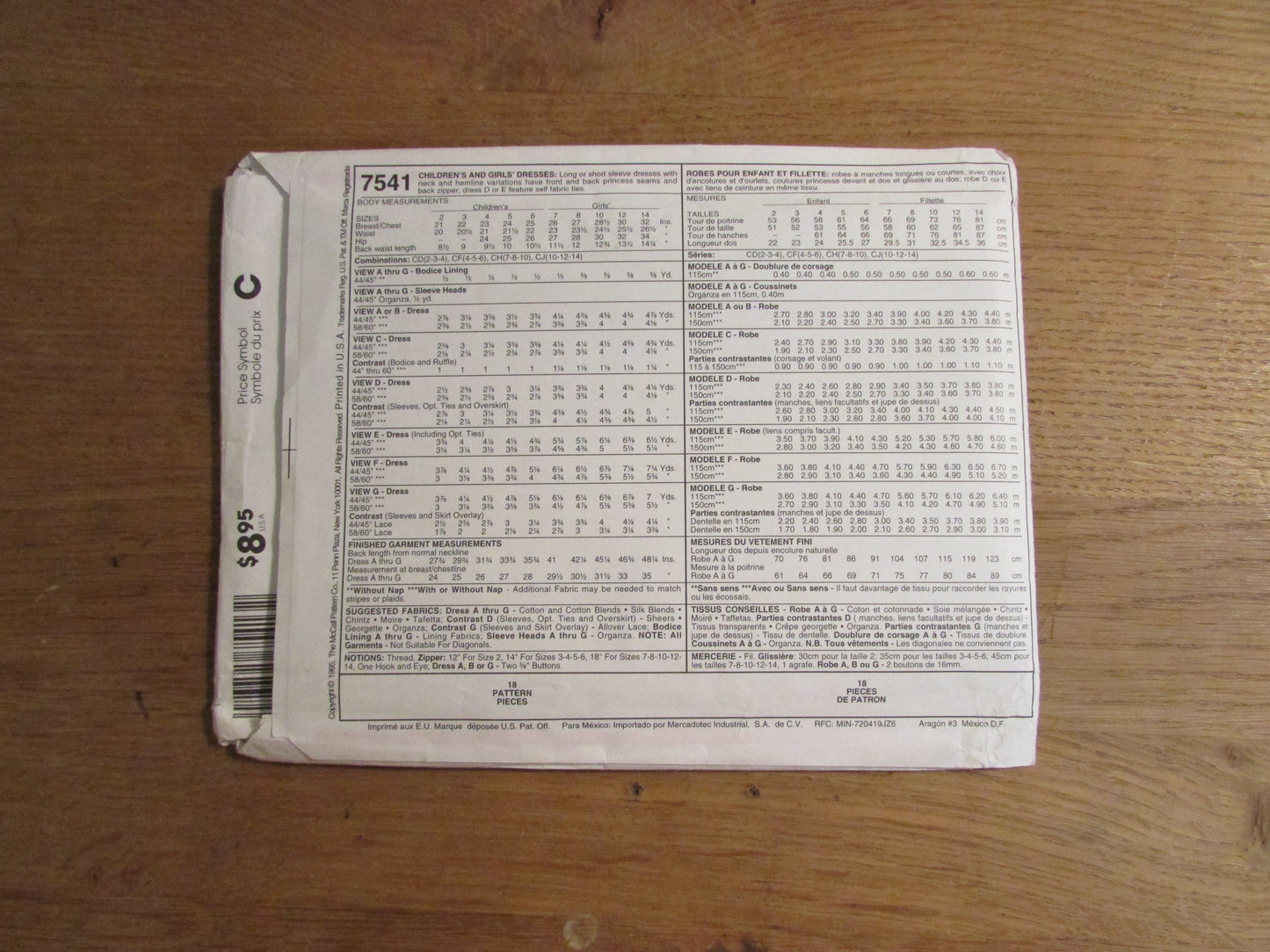 Uncut 1995 McCall's 7541 sewing pattern for children's & girls' dresses, sizes 7-8-10 (complete)