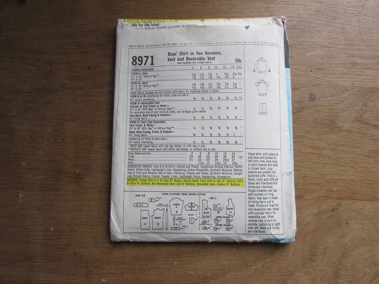 Part cut 1960s McCall's 8971 sewing pattern for boy's shirt in two versions, vest & reversible vest, size 4 (complete)