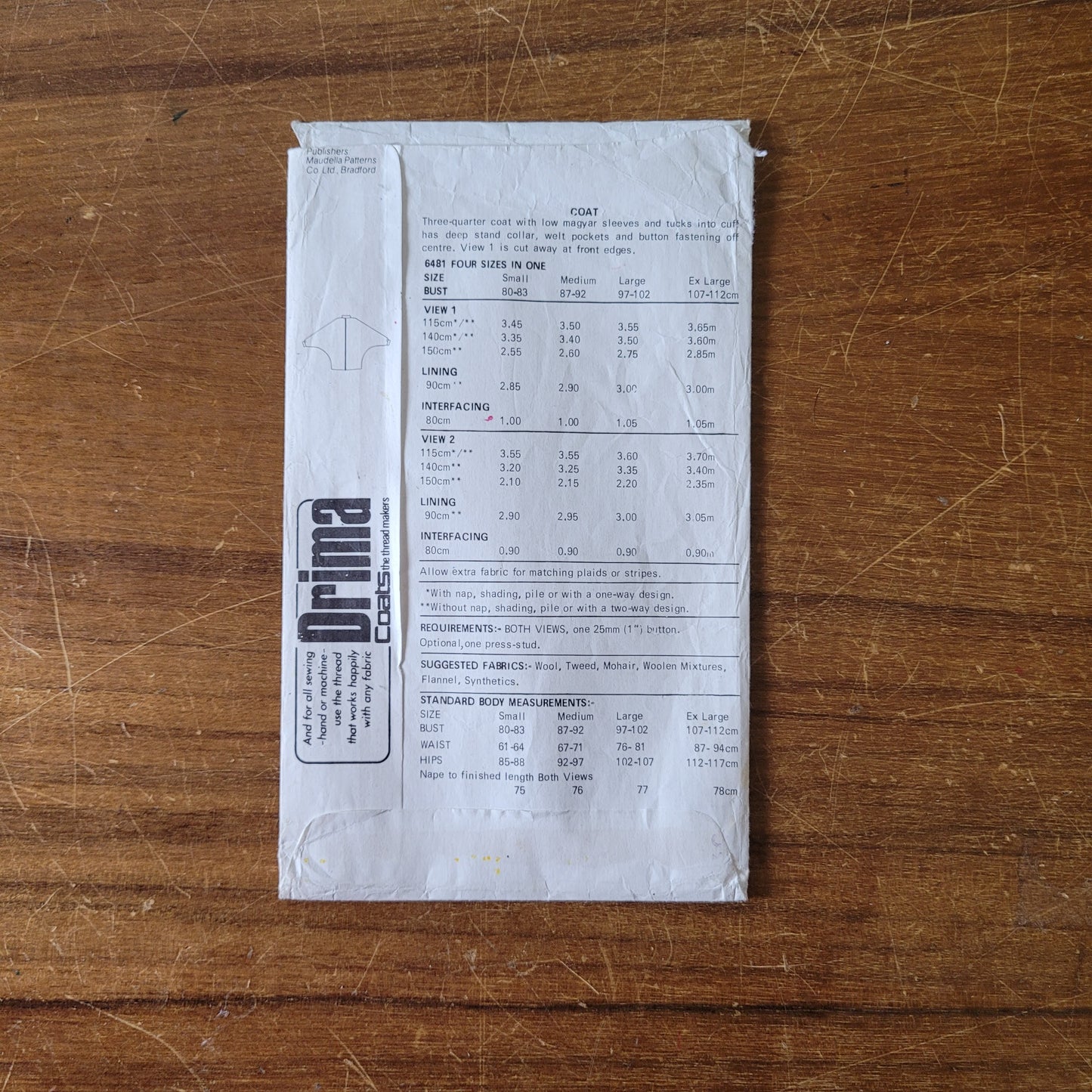 Part cut 1980s New Look Maudella 6481 sewing pattern for 3/4 coat, sizes S/M/L/XL (part cut to size XL, complete)