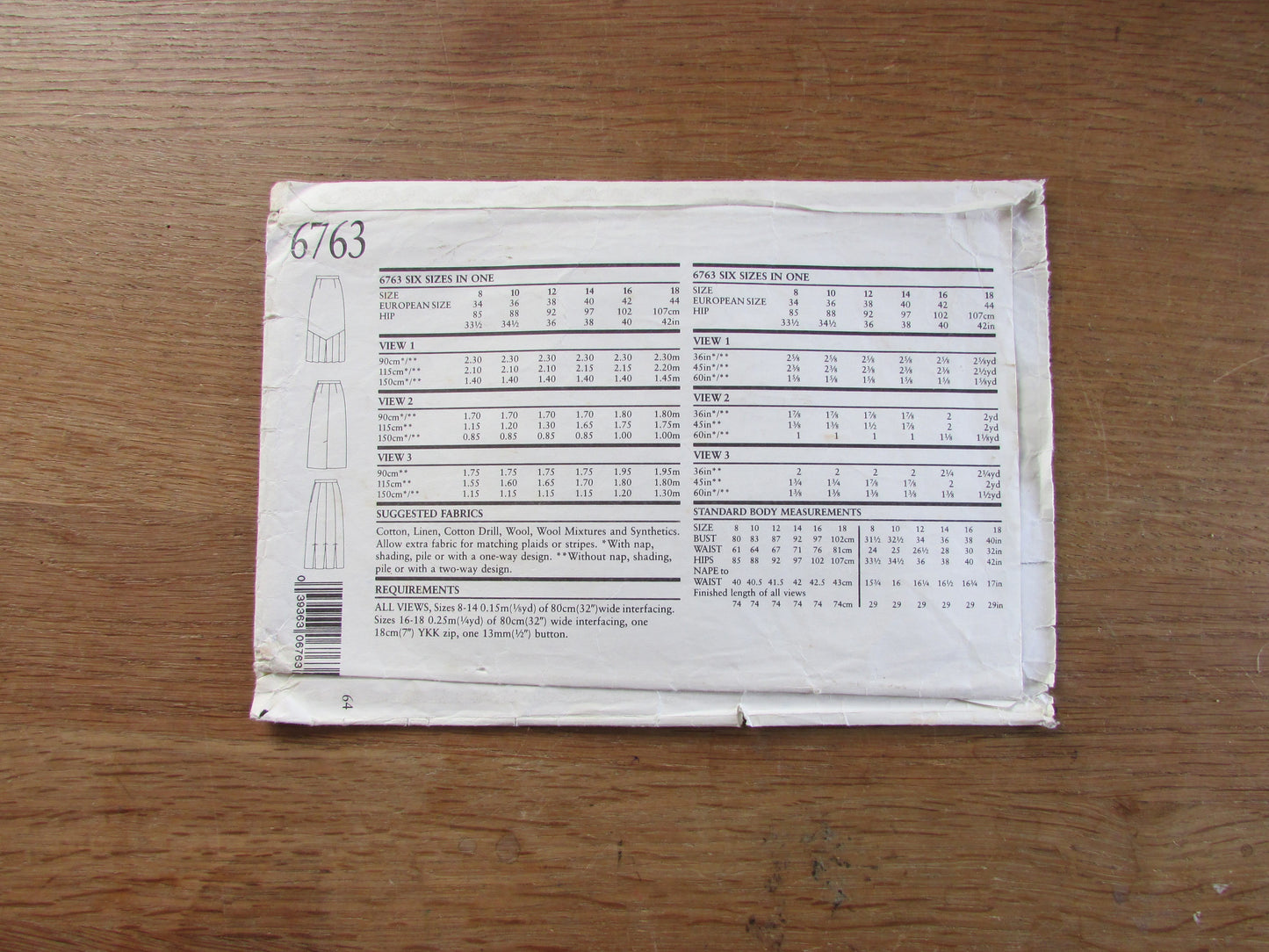 Part cut 1980s New Look 6763 sewing pattern for skirt, sizes 8 to 18 (part cut to size 18, complete)