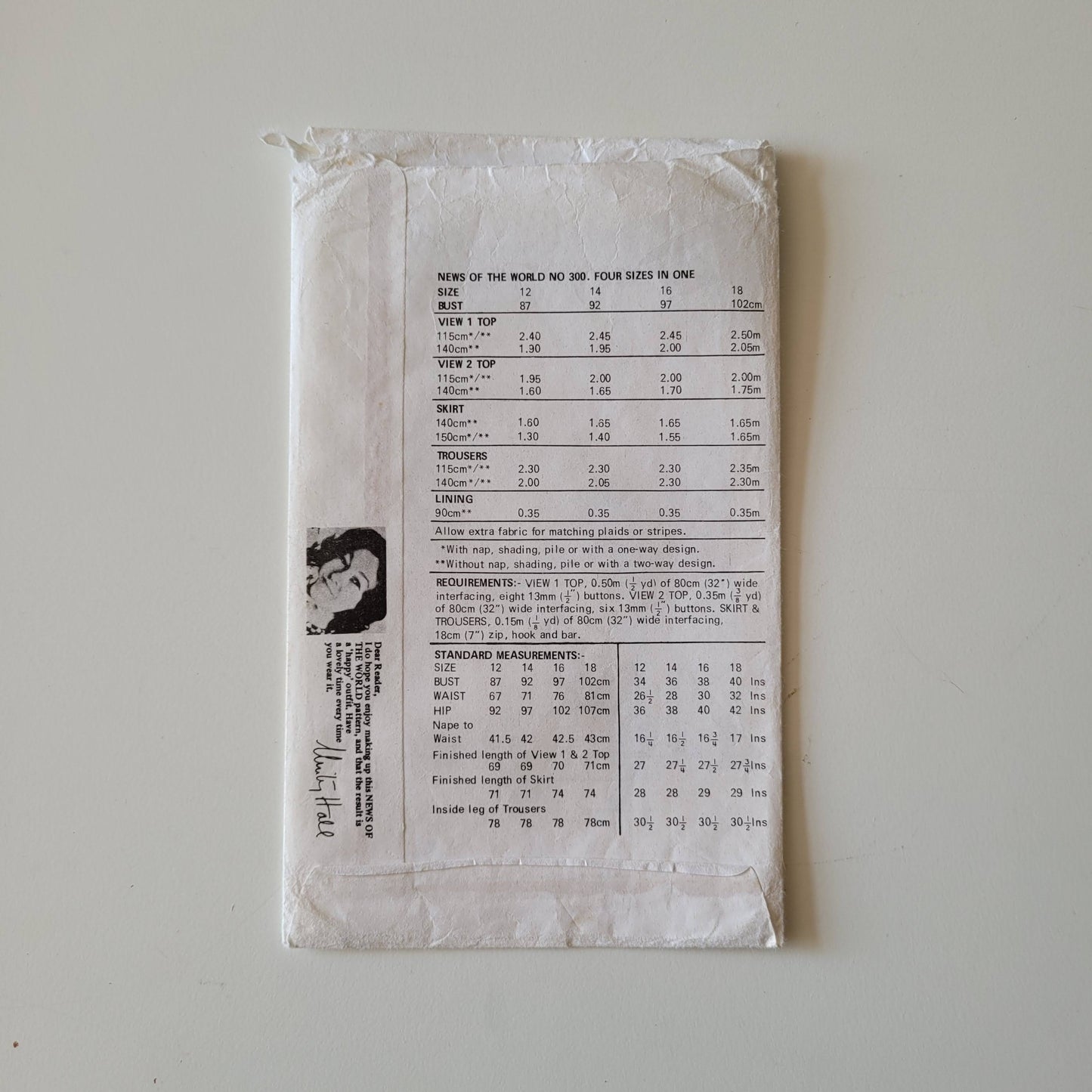 Uncut 1980s News of The World No.300 sewing pattern for top, skirt & trousers, sizes 12 to 18 (complete)