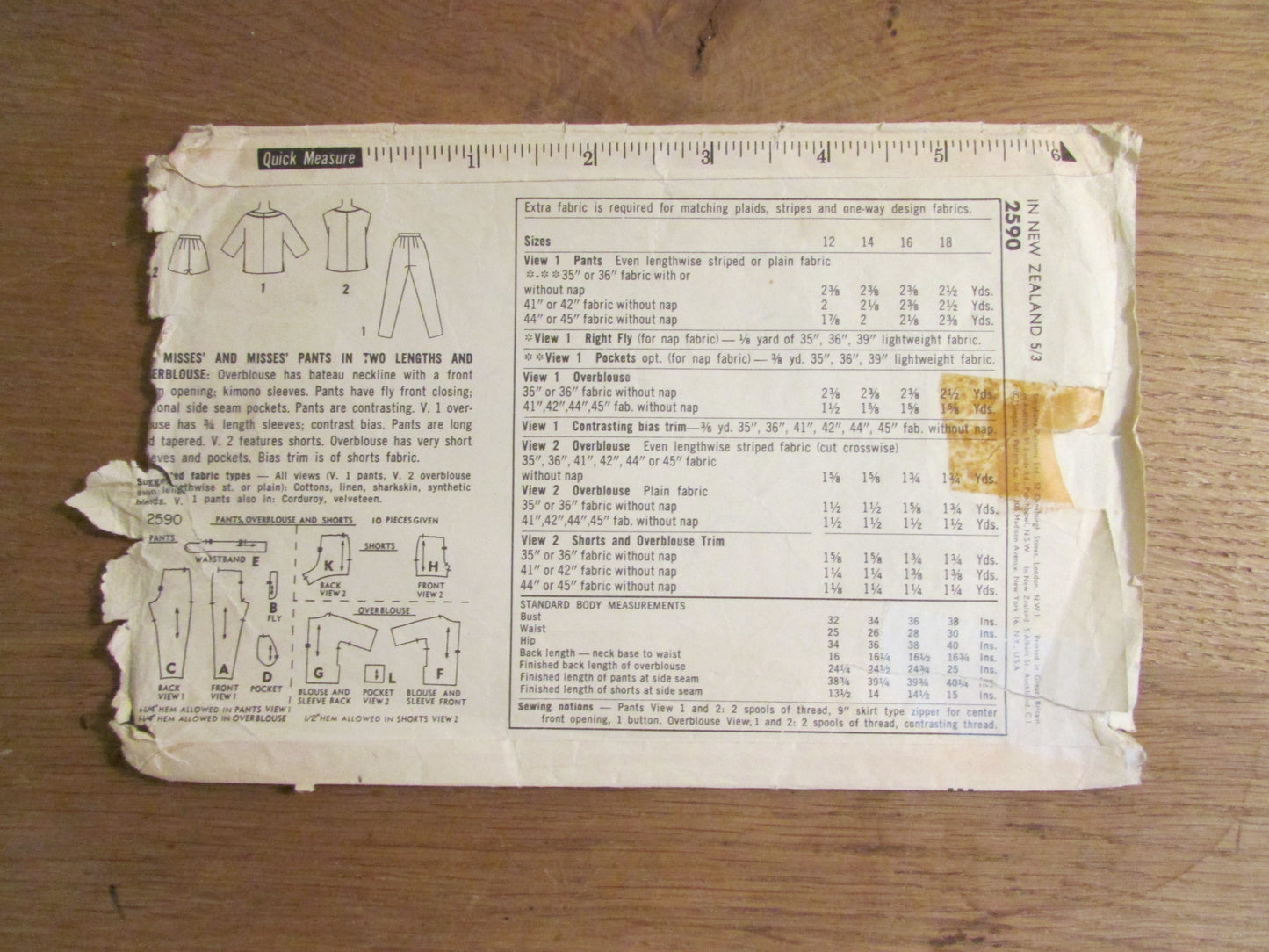 Used 1958 Simplicity 2590 sewing pattern for misses' & misses' pants in two lengths, and overblouse, size 14 (complete)