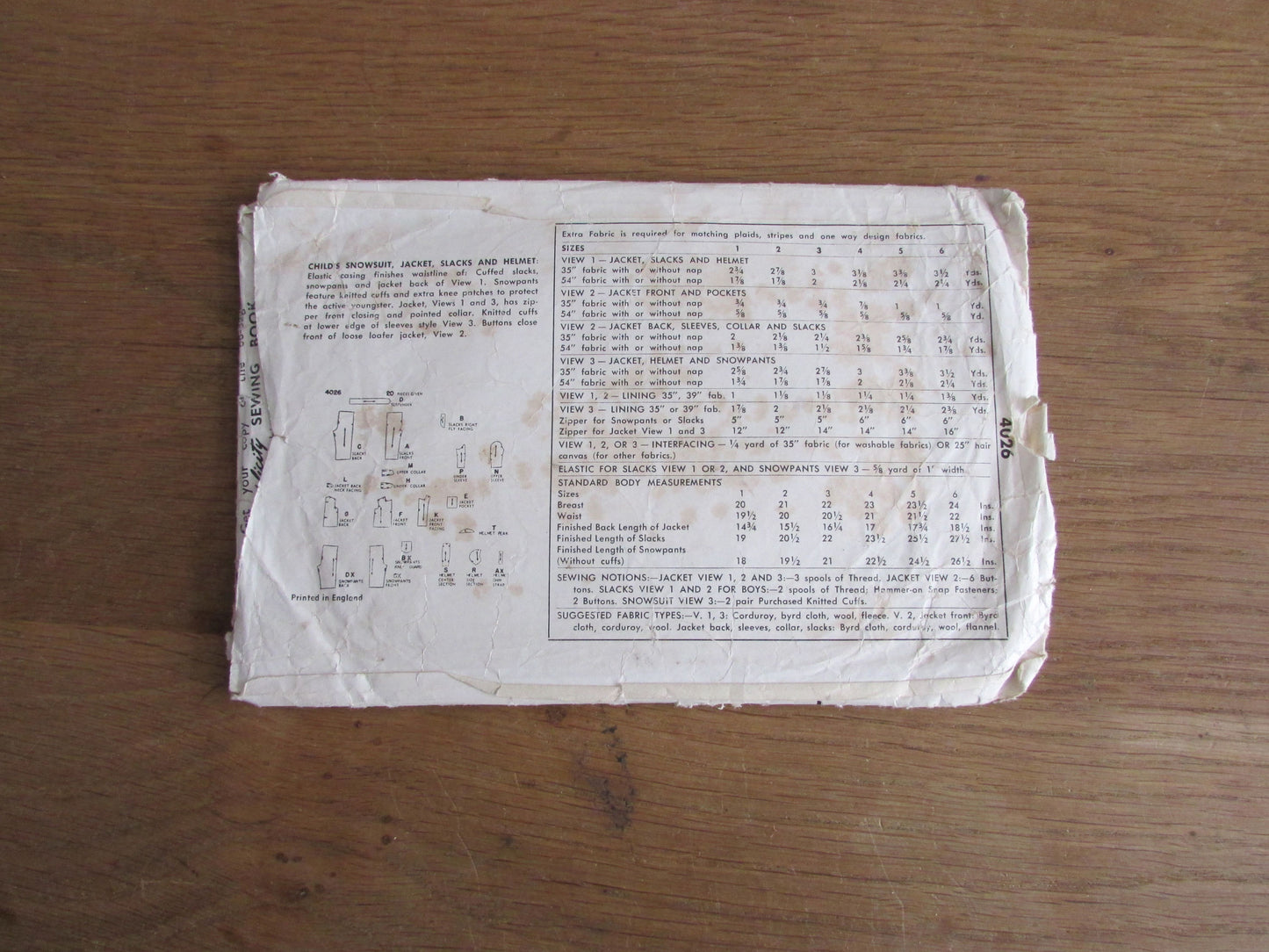 Part cut 1950s Simplicity 4026 sewing pattern for child's snowsuit, jacket, slacks & helmet, size 6 (see description below)