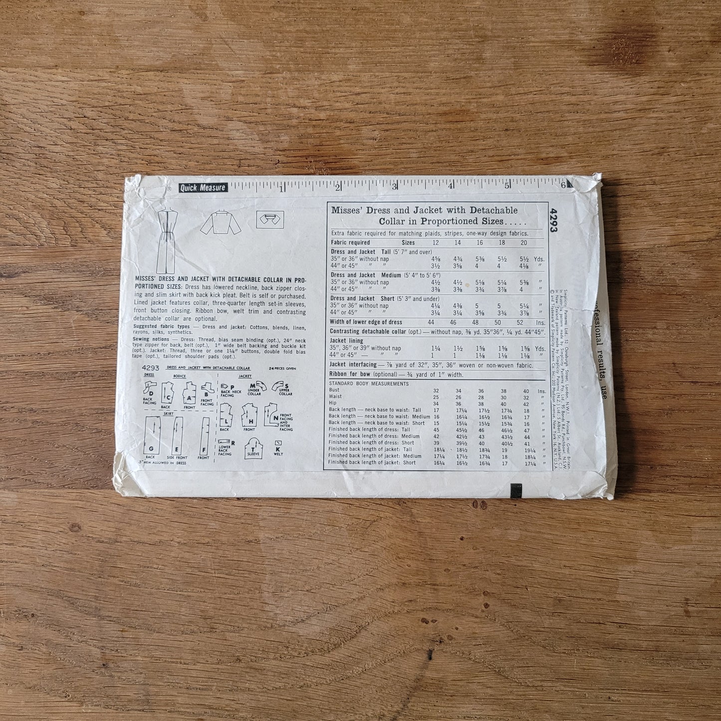 Part cut 1960s Simplicity 4293 sewing pattern for misses' dress & jacket with detachable collar, size 16 (complete)