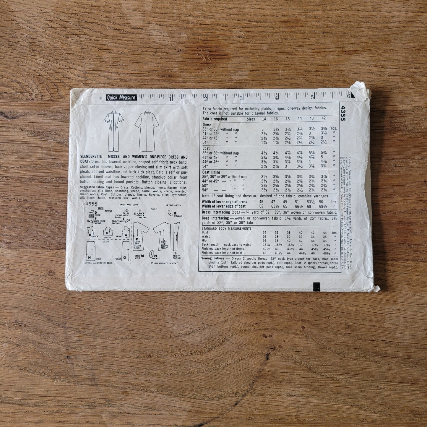 Part cut 1962 Simplicity Slenderette 4355 sewing pattern for misses' & women's one-piece dress and coat, size 16 (complete)